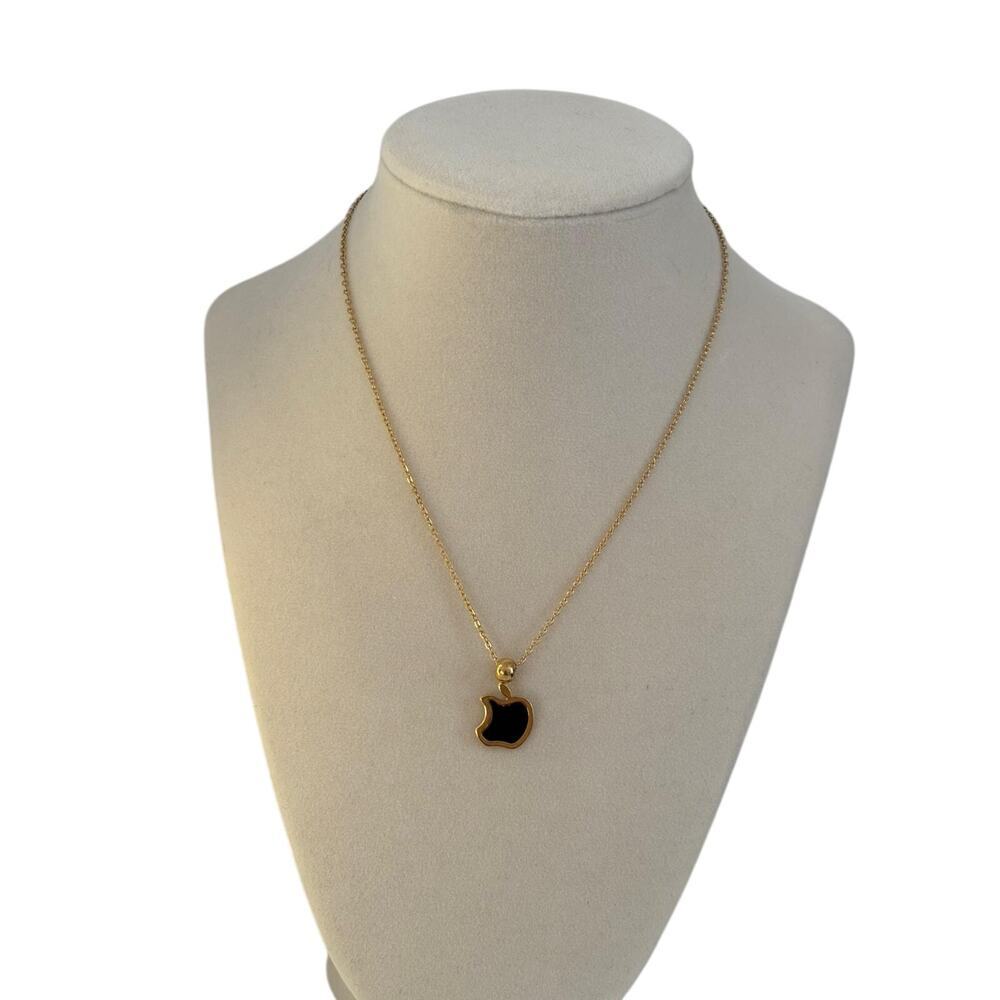 Black Apple Pendant Necklace Gold Stainless Steel Minimal Charm Gift - Picture 2 of 7
